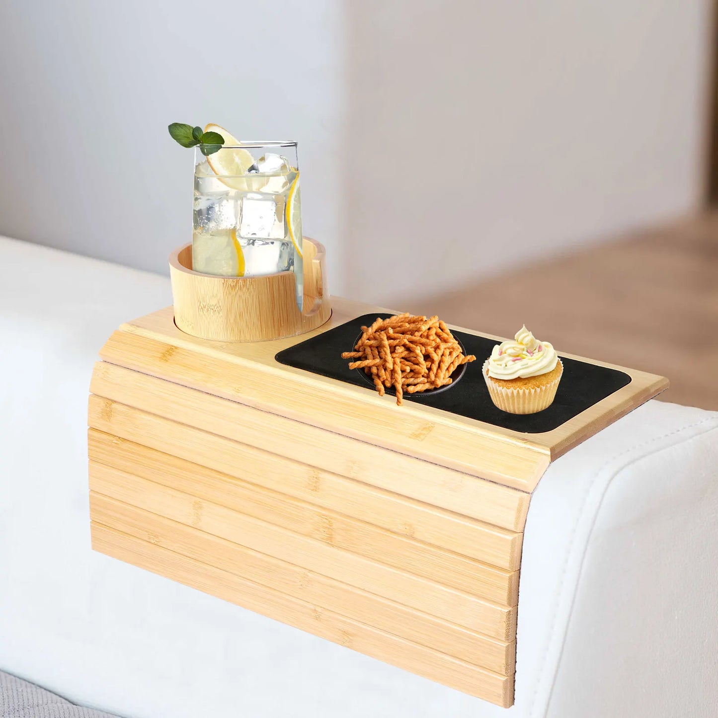 Bamboo Sofa Arm Tray – Foldable Couch Cup Holder with Non-Slip Base