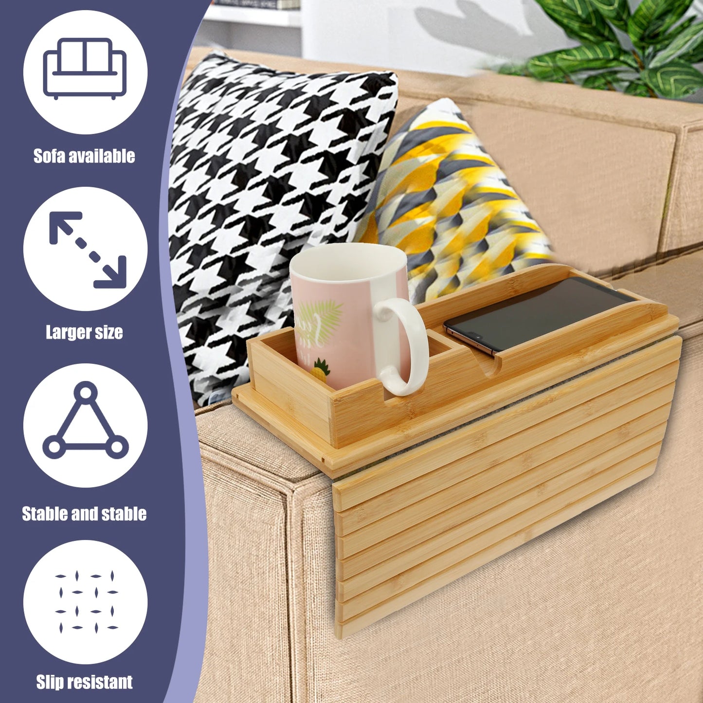 Bamboo Sofa Arm Tray – Foldable Couch Cup Holder with Non-Slip Base