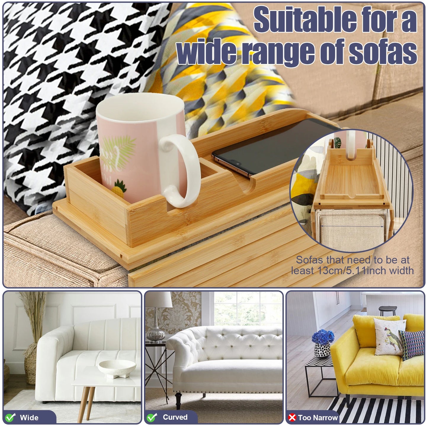 Bamboo Sofa Arm Tray – Foldable Couch Cup Holder with Non-Slip Base