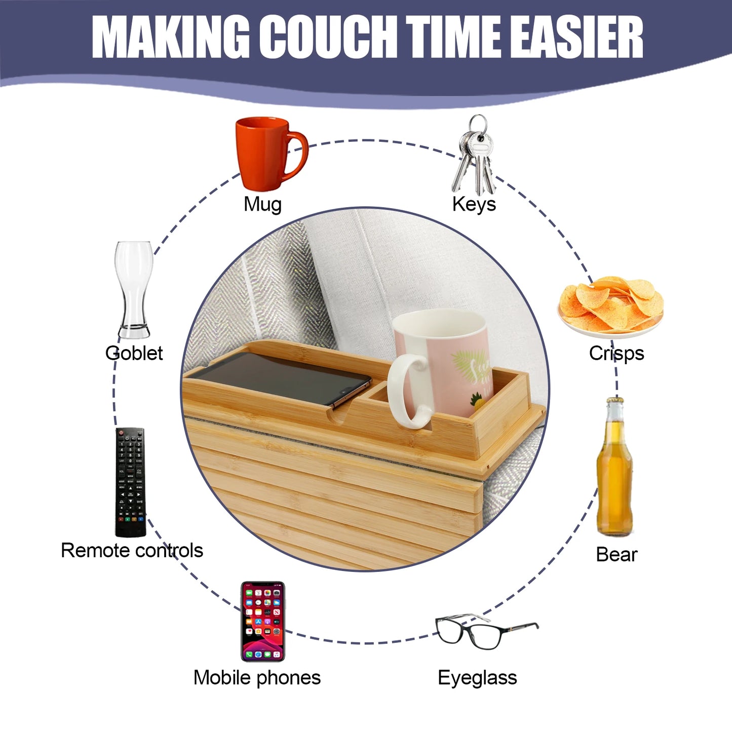Bamboo Sofa Arm Tray – Foldable Couch Cup Holder with Non-Slip Base