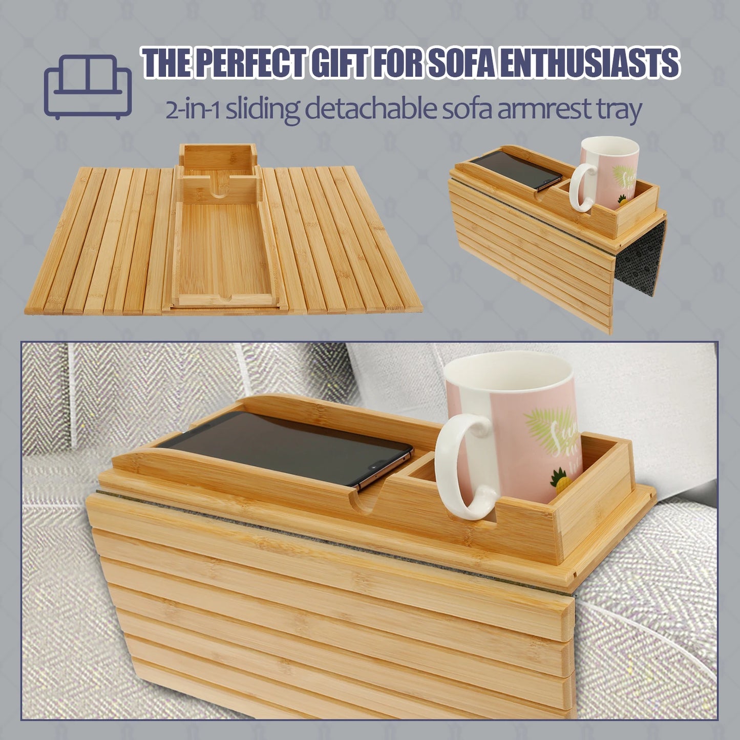 Bamboo Sofa Arm Tray – Foldable Couch Cup Holder with Non-Slip Base