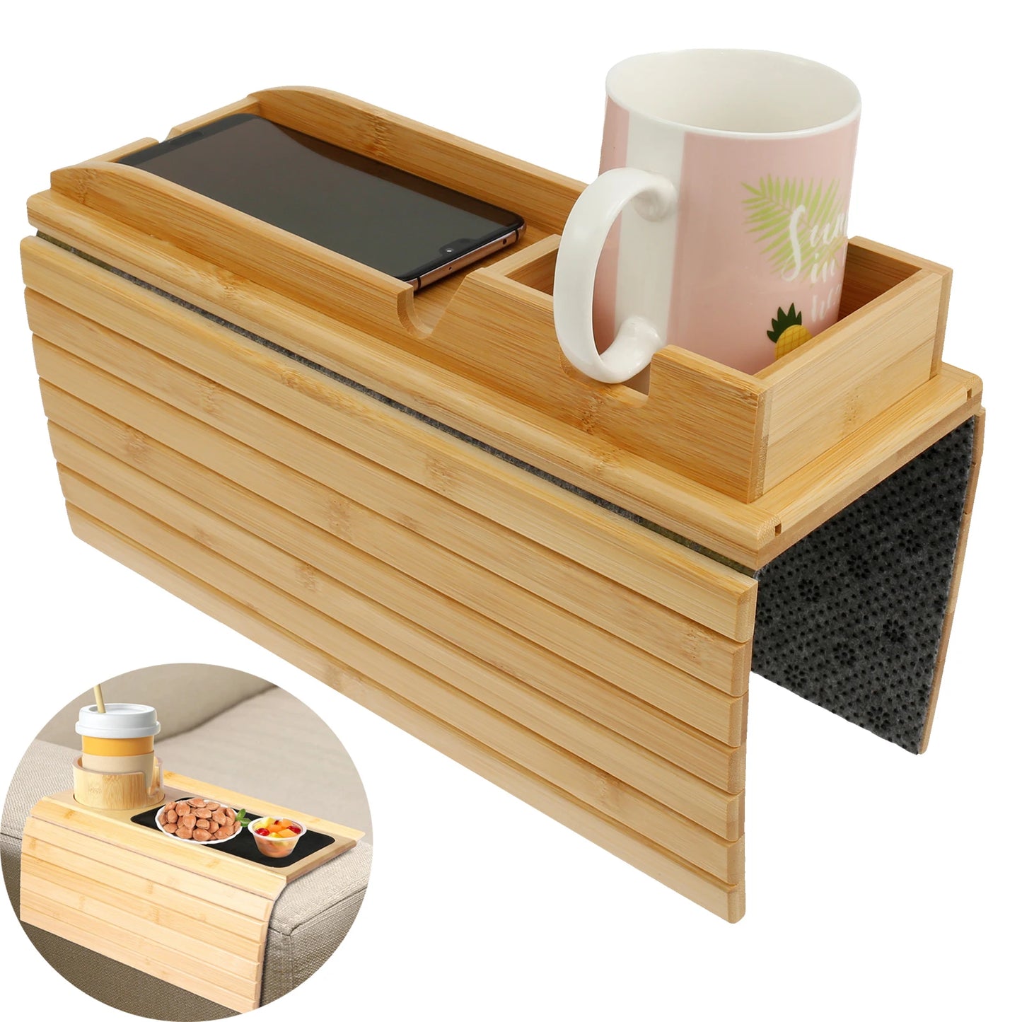 Bamboo Sofa Arm Tray – Foldable Couch Cup Holder with Non-Slip Base