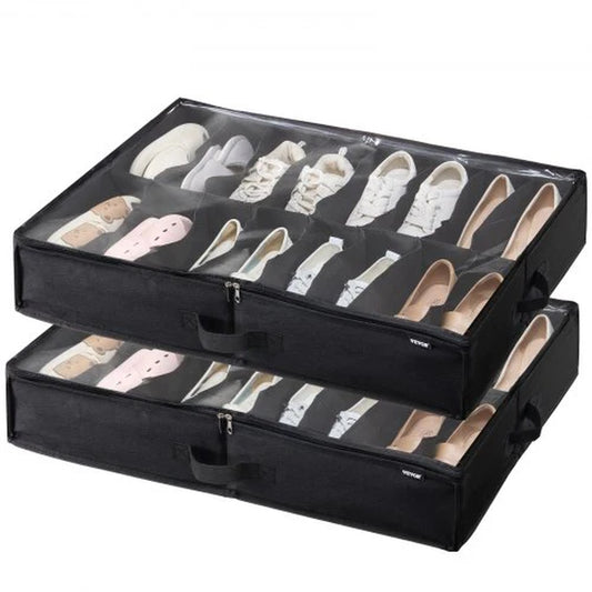 Vevor Sturdy under Bed Shoe Storage Organizer, Set of 2, Fit 32 Pairs, Underbed Shoes Closet Storage Solution with Clear Window, Breathable, L31.5X W23.6X H5.9, Black